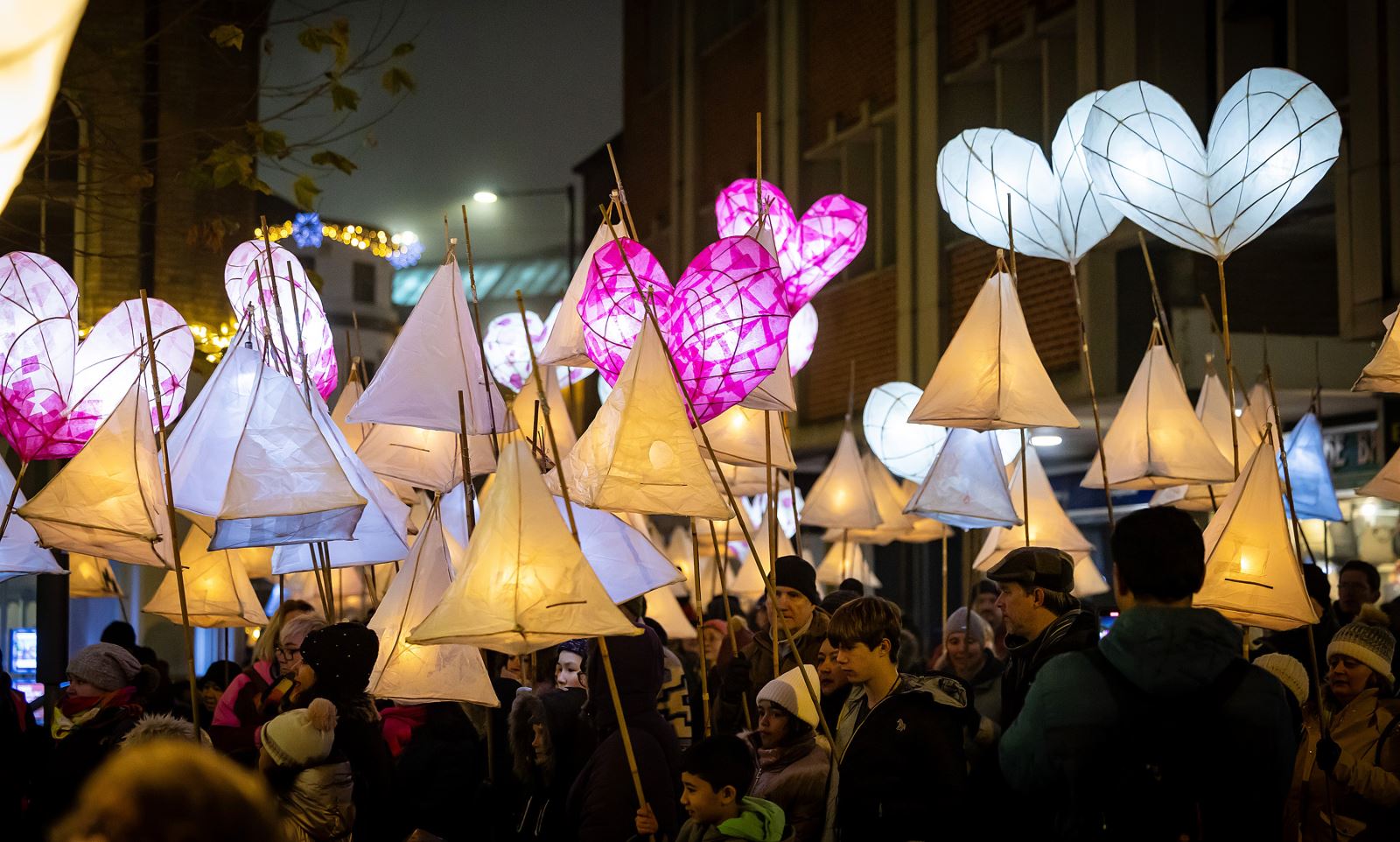 Reading Lantern Parade - an array of pyramid and pink heart lanterns